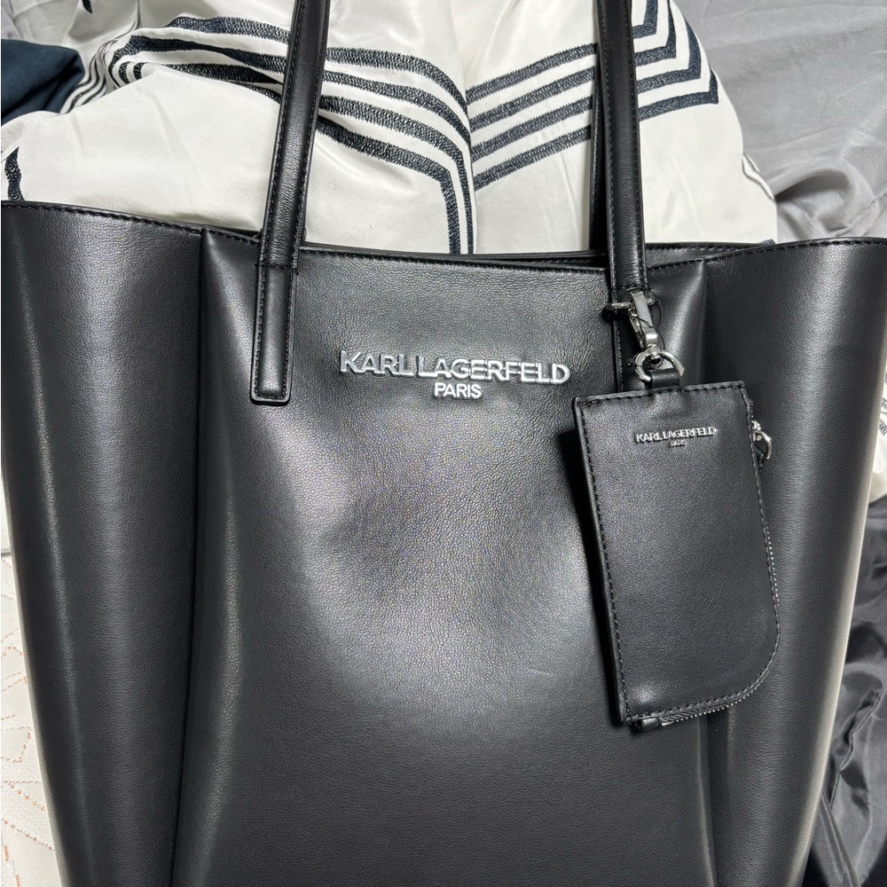 Karl Lagerfeld Black Leather Louise Tote with Pouch